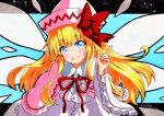  1girl :d blonde_hair blue_eyes fairy fairy_wings hat index_finger_raised lily_white long_hair qqqrinkappp ribbon smile solo touhou traditional_media wide_sleeves wings 