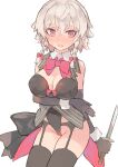  1girl alternate_costume arm_under_breasts black_gloves black_legwear black_leotard blush bow bowtie braid breast_hold breasts elbow_gloves eyebrows_visible_through_hair full-face_blush garter_belt gloves grey_hair hair_bow highres holding holding_knife izayoi_sakuya knife large_breasts leotard looking_at_viewer open_mouth red_bow red_bowtie red_eyes short_hair solo sweat thighhighs touhou tsukeo twin_braids wrist_cuffs 