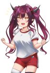  1girl absurdres asymmetrical_legwear black_legwear breasts clenched_hands fire gym_shirt gym_shorts gym_uniform highres hololive hololive_english horns irys_(hololive) jan_azure large_breasts long_hair mismatched_legwear multiple_horns open_mouth purple_hair red_shorts shirt shorts smile solo thighhighs virtual_youtuber white_legwear white_shirt 