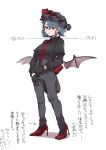  1girl adjusting_clothes adjusting_gloves arrow_(symbol) bangs bat_wings black_gloves black_headwear black_legwear black_shirt blue_hair breasts closed_mouth collar collared_shirt commentary_request eyebrows_visible_through_hair flower full_body gloves grey_pants hair_between_eyes hat hat_ribbon highres laspberry. long_sleeves looking_to_the_side medium_breasts mob_cap necktie pants pantyhose puffy_sleeves red_eyes red_flower red_footwear red_necktie red_ribbon red_rose remilia_scarlet ribbon rose shirt shoes short_hair simple_background solo standing striped striped_pants teeth touhou translation_request wavy_hair white_background wings 