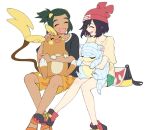  1boy 1girl alolan_raichu alolan_sandshrew bag_removed beanie black_shirt blush closed_eyes commentary_request dark-skinned_male dark_skin eyelashes floral_print green_hair green_shorts hat hau_(pokemon) holding holding_pokemon invisible_chair korean_commentary open_mouth orange_footwear orange_shorts park_0o0 pokemon pokemon_(creature) pokemon_(game) pokemon_sm red_headwear selene_(pokemon) shirt shoes short_ponytail short_shorts short_sleeves shorts sitting smile sneakers t-shirt 