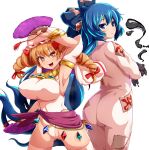  2girls arm_up armlet armpits ass belly_chain blue_eyes blue_hair bow bracelet breasts chain covered_navel cropped detached_sleeves dress drill_hair gem grey_dress hair_bow hand_fan hat highleg highres jewelry keffiyeh large_breasts leotard light_brown_hair long_dress long_hair long_sleeves medium_hair mob_cap multiple_girls necklace oil orange_eyes orange_hair patches peso_(cheese_company) presenting_armpit purple_sarong ribbon sarong short_sleeves simple_background stuffed_animal stuffed_cat stuffed_toy thighhighs touhou touhou_gouyoku_ibun twin_drills twintails very_long_hair white_background white_legwear white_leotard yorigami_jo&#039;on yorigami_shion 