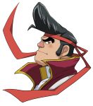  1boy black_hair blush cropped_shoulders from_side frown hachimaki hair_strand headband highres hitenmaru looking_at_viewer male_focus noboru_gongenzaka pompadour red_nose short_hair sideburns solo thick_eyebrows upper_body wind yu-gi-oh! yu-gi-oh!_arc-v 