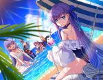  4girls bandages bangs bb_(fate) bb_(swimsuit_mooncancer)_(fate) beach blue_bow blue_eyes blue_sky bow breasts claws closed_eyes cloud commentary_request cup day drinking_glass drinking_straw dutch_angle eyebrows_visible_through_hair fate/grand_order fate_(series) hair_bow hair_ribbon heterochromia holding holding_cup ice ice_cube kingprotea_(fate) large_breasts long_hair looking_at_viewer looking_back maydream medium_breasts meltryllis_(fate) meltryllis_(swimsuit_lancer)_(fate) mouth_hold multiple_girls naked_bandage ocean one-piece_swimsuit open_mouth outdoors parasol partially_submerged passionlip_(fate) pink_ribbon purple_eyes purple_hair rainbow red_eyes red_ribbon revision ribbon sand sarashi sharp_teeth sky smile standing straight_hair swimsuit teeth tentacles umbrella very_long_hair wading water water_drop wet white_bow wine_glass 