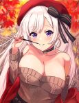  1girl aran_sweater autumn_leaves azur_lane belfast_(azur_lane) belfast_(shopping_with_the_head_maid)_(azur_lane) black_skirt brown_sweater choker earrings eyebrows_visible_through_hair food highres holding holding_food holding_pocky hoop_earrings itaba_atsushi jewelry long_hair looking_at_viewer low_neckline off-shoulder_sweater off_shoulder official_alternate_costume outdoors pocky purple_eyes red_headwear red_shawl simple_background skirt solo sweater white_background white_hair 