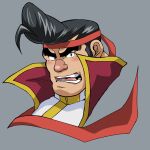  1boy black_hair blush cropped_shoulders frown hachimaki hair_strand headband highres hitenmaru looking_at_viewer male_focus noboru_gongenzaka pompadour red_nose short_hair sideburns solo teeth thick_eyebrows upper_body wind yu-gi-oh! yu-gi-oh!_arc-v 