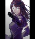  1girl aiming_at_viewer bangs breasts dual_wielding elbow_gloves finger_on_trigger floating_hair from_side gloves green_eyes gun headphones highres holding holding_gun holding_weapon katori_youko large_breasts long_hair looking_at_viewer oki_xfourty parted_lips pillarboxed purple_gloves red_hair solo symbol-only_commentary uniform upper_body weapon world_trigger 