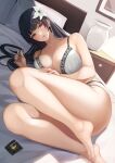  1girl bangs bare_shoulders black_hair blush bra breasts cleavage collarbone error flower hair_flower hair_ornament highres large_breasts long_hair looking_at_viewer lying on_side original panties purple_eyes solo takoneru underwear white_bra white_panties wrong_feet 