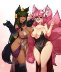  2girls :d animal_ear_fluff animal_ears anubis_(monster_girl_encyclopedia) asymmetrical_docking ayanobro body_fur breast_press breasts cleavage commentary_request commission curvy dark-skinned_female dark_green_hair dark_skin elysia_watanabe fang flower fox_ears fox_girl fox_shadow_puppet fox_tail glasses green_hair hair_between_eyes hair_flower hair_ornament hairclip highres jackal_ears jackal_tail large_breasts long_hair looking_at_viewer monster_girl_encyclopedia multiple_girls multiple_tails original pink_hair revealing_clothes second-party_source sidelocks skin_fang smile snake_hair_ornament standing tail take_your_pick usekh_collar 