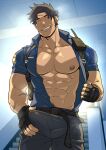  1boy abs bara bare_pectorals belt black_belt black_gloves black_hair black_pants blue_shirt bulge clothes_pull crotch_grab erection erection_under_clothes ero_condo fingerless_gloves gloves highres kienbiu large_pectorals looking_at_viewer male_focus muscular muscular_male navel nipples official_art open_clothes open_shirt pants pectorals police police_uniform scar scar_on_arm seductive_smile shirt shirt_pull short_hair sideburns smile solo teeth undressing uniform wey_(ero_condo) 