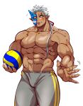  1boy abs absurdres ball bara blush bulge dark-skinned_male dark_skin fang feet_out_of_frame grey_pants half_mask highres holding holding_ball horned_mask horns kizami_nori_to_yamaimo large_pectorals long_hair male_focus mask monster_boy motion_lines muscular muscular_male navel nipples no_pupils oni_mask pants pectorals ponytail shuten_douji_(housamo) sideburns single_horn solo stomach thick_thighs thighs tokyo_afterschool_summoners topless_male veins volleyball waving white_hair 