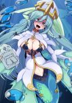  1girl :d air_bubble braid breasts brown_eyes bubble cleavage commentary fins green_hair hat head_tilt highres holding large_breasts long_hair mermaid monster_girl monster_girl_encyclopedia scales sea_bishop smile solo stone_tablet tongue twin_braids tyomoti underwater very_long_hair 