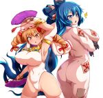  2girls arm_up armlet armpits ass blue_eyes blue_hair bow bracelet breast_expansion breasts covered_navel detached_sleeves dress drill_hair gem grey_dress hair_bow hand_fan hat highleg highres huge_breasts jewelry keffiyeh large_breasts leotard light_brown_hair long_dress long_hair long_sleeves looking_down medium_hair mob_cap multiple_girls necklace orange_eyes orange_hair patches peso_(cheese_company) presenting_armpit ribbon short_sleeves simple_background stuffed_animal stuffed_cat stuffed_toy thighhighs touhou touhou_gouyoku_ibun twin_drills twintails very_long_hair white_background white_legwear white_leotard yorigami_jo&#039;on yorigami_shion 