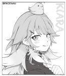  1girl :q animal_on_head blush character_name closed_mouth commentary drawstring earrings eyebrows_visible_through_hair feather_earrings feathers hair_ornament hairclip hololive hololive_english jewelry kotori_(takanashi_kiara) monochrome on_head rikodamu1 takanashi_kiara tongue tongue_out twitter_username virtual_youtuber 