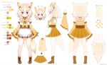  1girl absurdres animal_ears apron asahi_nano_(cafe_omusubiya) bare_legs blonde_hair boots cafe_omusubiya character_sheet color_guide commentary_request d_omm detached_sleeves fox_ears fox_tail frilled_skirt frilled_sleeves frills full_body highres japanese_clothes kimono maid_apron maid_headdress miniskirt red_eyes sash short_hair skirt smile tail virtual_youtuber wa_maid wide_sleeves 