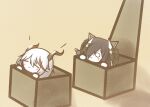  2girls :3 aegir_(azur_lane) august_von_parseval_(azur_lane) azur_lane black_hair box chibi closed_eyes curled_horns demon_horns hair_over_one_eye holding horns in_box in_container koti long_hair mechanical_horns multicolored_hair multiple_girls red_hair simple_background streaked_hair two-tone_hair white_hair yellow_background 