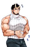  1boy absurdres alternate_costume bara bare_arms bare_shoulders beard black_hair black_pants blush broken_horn bulge commentary_request demon_boy demon_horns english_commentary facial_hair feet_out_of_frame highres horns kizami_nori_to_yamaimo large_pectorals live_a_hero looking_at_viewer male_focus mature_male mixed-language_commentary muscular muscular_male nessen_(live_a_hero) own_hands_together pants pectorals short_hair sleeveless sleeveless_sweater solo striped striped_sweater sweater veins 