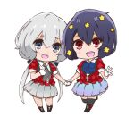  2girls :d bangs black_footwear black_hair black_legwear blue_bow blue_skirt blush boots bow chibi collared_shirt commentary_request eyebrows_visible_through_hair gloves grey_eyes grey_hair grey_neckwear grey_skirt hair_between_eyes hitomiz holding_hands konno_junko looking_at_viewer low_twintails mizuno_ai multiple_girls neckerchief pleated_skirt red_eyes shirt simple_background skirt smile standing standing_on_one_leg teeth thighhighs thighhighs_under_boots twintails upper_teeth white_background white_gloves white_shirt zombie_land_saga 