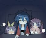  4girls :3 =3 ? blue_hair blush chair closed_mouth covering_another&#039;s_eyes desk facing_viewer full-face_blush glasses hairband highres hiiragi_kagami hiiragi_tsukasa indoors izumi_konata long_hair looking_at_viewer lucky_star mole mole_under_eye mouse_(computer) multiple_girls pink_hair purple_eyes purple_hair round_eyewear screen_light short_hair sitting speech_bubble spoken_question_mark takara_miyuki twintails yoyohachi 