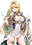  1girl absurdres aegis_sword_(xenoblade) armor armpits ass_visible_through_thighs blonde_hair blush breasts cleavage cleavage_cutout clothing_cutout contrapposto covered_navel cowboy_shot dress earrings elbow_gloves eyebrows_visible_through_hair gloves hairband hand_on_hip highres jewelry large_breasts long_hair looking_at_viewer mythra_(xenoblade) raiou revision short_dress simple_background skindentation solo standing sword thigh_strap tiara weapon white_background white_dress white_gloves xenoblade_chronicles_(series) xenoblade_chronicles_2 yellow_eyes 