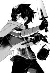  1boy arm_guards baburo bangs black_hair blush cape cowboy_shot creature fighting_stance gloves greyscale hair_between_eyes holding holding_sword holding_weapon kuga_yuuma long_sleeves looking_at_viewer male_focus monochrome o3o outstretched_arms pants pocket replica short_hair short_sword simple_background sword torion_hei transparent_sword transparent_weapon weapon white_background world_trigger 