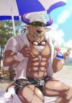  1boy abs alternate_costume animal_ears bara beach brown_fur bulge camouflage camouflage_headwear camouflage_swimsuit chest_hair cow_ears cow_horns cow_tail feet_out_of_frame furry furry_male headband highres holding hood hooded_jacket horns jacket large_pectorals male_focus male_swimwear mature_male minotaur muscular muscular_male navel nipple_slip nipples open_clothes open_jacket pectoral_cleavage pectorals print_male_swimwear purple_eyes purple_horns shennong_(housamo) short_hair sideburns sitting solo stomach sunlight swim_briefs tail thighs tokyo_afterschool_summoners umbrella white_hair yanai_inaya 