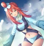  1girl :d bangs blue_jacket blue_shorts blue_sky blush breasts cloud cloudy_sky commentary day eyebrows_visible_through_hair feathers green_eyes hair_between_eyes jacket long_hair looking_at_viewer medium_breasts murano outdoors outstretched_arms pokemon pokemon_(game) pokemon_bw red_hair short_shorts shorts sidelocks sky skyla_(pokemon) smile solo white_feathers 