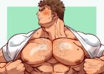  1boy abs alternate_pectoral_size bara bare_pectorals blush chest_hair clothes_lift dark-skinned_male dark_skin embarrassed facial_hair forked_eyebrows goatee highres kengo_(housamo) kizami_nori_to_yamaimo large_pectorals looking_away male_focus mature_male muscular muscular_male nipples pectoral_focus pectorals shirt shirt_behind_neck shirt_lift short_hair sideburns solo thick_eyebrows tokyo_afterschool_summoners upper_body white_shirt 