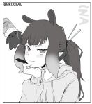  1girl blush character_name closed_mouth commentary cup_ramen drawstring english_commentary fang food food_on_head greyscale hand_on_own_chin head_rest hololive hololive_english hood hood_down hoodie monochrome ninomae_ina&#039;nis object_on_head pointy_ears ponytail rikodamu1 stylus tako_(ninomae_ina&#039;nis) tentacle_hair twitter_username virtual_youtuber 