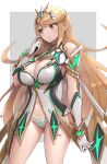  1girl bangs bare_legs bare_shoulders blonde_hair breasts chest_jewel cleavage dress earrings elbow_gloves gloves gonzarez highres jewelry large_breasts long_hair mythra_(xenoblade) mythra_(xenoblade)_(prototype) prototype short_dress swept_bangs tiara very_long_hair white_dress white_gloves xenoblade_chronicles_(series) xenoblade_chronicles_2 yellow_eyes 