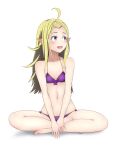  1girl ahoge alternate_costume bikini commentary_request fire_emblem fire_emblem_awakening fire_emblem_heroes full_body green_hair long_hair looking_to_the_side manakete navel nowi_(fire_emblem) open_mouth pointy_ears ponytail purple_bikini purple_eyes revision simple_background smile solo sutee_(ripobita) swimsuit white_background 
