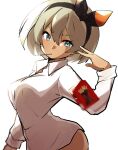  1girl alternate_costume bangs bea_(pokemon) black_hairband blonde_hair blurry bow_hairband breasts carton closed_mouth collared_shirt commentary_request eyebrows_visible_through_hair eyelashes food hair_between_eyes hairband hand_up long_sleeves looking_at_viewer mituyota_76 mouth_hold pocky pokemon pokemon_(game) pokemon_swsh shirt solo white_shirt 