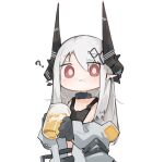  1girl ? arknights bangs beer_mug black_gloves black_shirt chibi commentary cup ear_piercing elite_ii_(arknights) foam foam_mustache gloves grey_jacket holding holding_cup horns jacket long_hair looking_at_viewer mikojin mudrock_(arknights) mug off_shoulder piercing pointy_ears red_eyes shirt simple_background sleeveless sleeveless_shirt solo symbol-only_commentary upper_body white_background white_hair 