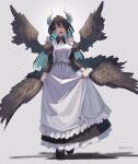  1girl apron bangs black_dress black_footwear black_hair blue_hair dress fangs feathered_wings frilled_apron frilled_dress frills full_body grey_background hair_intakes highres horns looking_at_viewer maid maid_apron maid_day monster_girl multicolored_hair multiple_wings neck_ribbon open_mouth original puffy_sleeves ribbon shadow shoes simple_background skirt_hold solo sooon standing twitter_username two-tone_hair white_ribbon wings yellow_eyes 