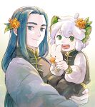  2boys animal_ears blue_eyes blue_hair cat_ears child chinese_clothes flower green_eyes hair_flower hair_ornament highres holding leaf long_hair long_sleeves looking_at_viewer luoxiaohei micho multiple_boys open_mouth orange_flower short_hair smile the_legend_of_luo_xiaohei twitter_username white_hair wuxian_(the_legend_of_luoxiaohei) 