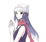  1girl bare_arms beanie black_shirt blush closed_mouth commentary_request dawn_(pokemon) eyelashes from_side grey_hair hair_ornament hairclip hands_up hat jewelry long_hair looking_at_viewer looking_to_the_side own_hands_together park_0o0 pokemon pokemon_adventures ring scarf shirt sidelocks simple_background sleeveless sleeveless_shirt smile solo upper_body white_background white_headwear yellow_eyes 