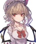  1girl alternate_breast_size alternate_costume blonde_hair bow bowtie breasts cleavage closed_mouth collarbone expressionless eyebrows_visible_through_hair flandre_scarlet large_breasts looking_at_viewer red_bow red_bowtie red_eyes red_neckwear short_hair solo touhou tsukeo upper_body 