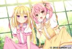  2girls :d aburana_(flower_knight_girl) blonde_hair blush brown_eyes closed_mouth collared_shirt commentary_request day dress flower_knight_girl frilled_shirt_collar frills hand_up ichigo_(flower_knight_girl) indoors long_hair multiple_girls official_art pink_dress pink_hair puffy_short_sleeves puffy_sleeves purple_eyes shikitani_asuka shirt short_sleeves skirt_hold smile twintails two_side_up very_long_hair watermark white_shirt window yellow_dress 