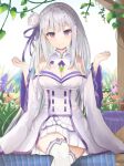  1girl bangs bare_shoulders blunt_bangs dress emilia_(re:zero) eyebrows_visible_through_hair flower frilled_dress frilled_sleeves frills hair_flower hair_ornament hands_up long_hair looking_at_viewer purple_eyes re:zero_kara_hajimeru_isekai_seikatsu ribbon rose silver_hair sisoha sitting smile solo tree white_flower white_rose x_hair_ornament 