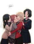  4girls ^_^ bangs black_hair black_skirt blonde_hair bob_cut cardigan closed_eyes cowboy_shot green_eyes grey_skirt grin group_hug hair_ornament hair_over_one_eye hairclip hand_on_another&#039;s_shoulder happy headphones headphones_around_neck hiura_akane hug kumagai_yuuko long_hair long_sleeves low_twintails mask mask_pull miniskirt mouth_mask multiple_girls nasu_rei ohhhhhhtsu one_eye_covered pink_hair plaid plaid_skirt pleated_skirt red_eyes school_uniform serafuku shiki_sayoko short_hair simple_background skirt skirt_set smile twintails wavy_mouth white_background world_trigger 