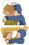  2boys beanie black_hair blonde_hair blue_headwear blue_jacket child child_on_child chullo coat craig_tucker embarrassed english_text hands_on_another&#039;s_face hara1 hat jacket kiss male_focus messy_hair multiple_boys short_hair south_park tweek_tweak yaoi 