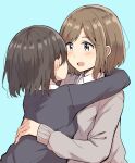  2girls :d absurdres arms_around_neck bangs betock black_cardigan black_hair blue_background blush brown_eyes brown_hair cardigan collared_shirt commentary_request grey_cardigan hand_on_another&#039;s_back highres hug long_sleeves multiple_girls open_mouth original school_uniform shirt short_hair simple_background smile white_shirt yuri 