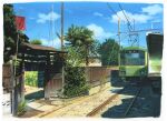  banner blue_sky building bush cable cloud commentary_request day enoshima_electric_railway grass ground_vehicle highres no_humans original plant power_lines railroad_tracks scenery shade shonan211 sky sunlight train tree utility_pole 