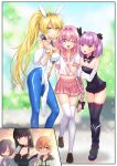  1boy 2girls animal_ears artoria_pendragon_(fate) artoria_pendragon_(swimsuit_ruler)_(fate) artoria_pendragon_(swimsuit_ruler)_(fate)_(cosplay) astolfo_(fate) astolfo_(fate)_(cosplay) bangs black_dress black_hair black_legwear blonde_hair blue_legwear blue_necktie blunt_bangs braid breasts card clothing_cutout commentary_request commission cosplay crossdressing crown detached_collar detached_sleeves dress fate/apocrypha fate/grand_order fate_(series) feather_boa fishnet_legwear fishnets food green_eyes grey_hair hair_over_one_eye helena_blavatsky_(fate) helena_blavatsky_(fate)_(cosplay) highres inset large_breasts leotard long_hair looking_at_viewer multiple_girls nakamura_hinato navel_cutout neckerchief necktie original otoko_no_ko pantyhose pink_hair pink_neckwear playboy_bunny playing_card pleated_skirt ponytail popsicle purple_eyes purple_hair rabbit_ears rabbit_tail red_sailor_collar red_skirt sailor_collar school_uniform serafuku short_dress short_hair single_braid skeb_commission skirt sparkle standing tail thighhighs translation_request two_side_up white_legwear white_leotard white_sleeves wrist_cuffs 