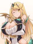  1girl absurdres bangs bare_shoulders blonde_hair breasts breasts_day chest_jewel cleavage cleavage_cutout clothing_cutout dress earrings elbow_gloves gloves highres jewelry kurokaze_no_sora large_breasts long_hair mythra_(xenoblade) short_dress swept_bangs tiara very_long_hair white_dress white_gloves xenoblade_chronicles_(series) xenoblade_chronicles_2 yellow_eyes 