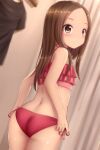  1girl absurdres ass back bikini black_shirt blurry blurry_background blush brown_eyes brown_hair closed_mouth commentary curtains dutch_angle fitting_room forehead frilled_bikini frills highres karakai_jouzu_no_takagi-san long_hair looking_at_viewer red_bikini shirt side-tie_bikini sidelocks skywalker0610 smile solo standing swimsuit takagi-san 