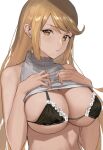  1girl bangs bare_shoulders bikini bikini_under_clothes black_bikini blonde_hair blush breasts cleavage clothes_lift highres j@ck large_breasts long_hair looking_at_viewer maid_bikini mythra_(xenoblade) shirt shirt_lift sidelocks sleeveless sleeveless_shirt solo swept_bangs swimsuit turtleneck white_shirt xenoblade_chronicles_(series) xenoblade_chronicles_2 yellow_eyes 