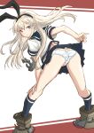  1girl ass blonde_hair blue_sailor_collar blue_skirt commentary_request cosplay from_behind fubuki_(kancolle) fubuki_(kancolle)_(cosplay) fuji_(pixiv24804665) grey_eyes highres kantai_collection leaning_forward long_hair looking_at_viewer looking_back panties pleated_skirt sailor_collar school_uniform serafuku shimakaze_(kancolle) skirt solo underwear white_panties 