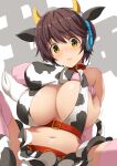  1girl animal_ears animal_print bangs bare_shoulders blush breasts brown_eyes brown_hair cleavage collar cow_ears cow_horns cow_print elbow_gloves fake_animal_ears gloves halter_top halterneck headset highres horns idolmaster idolmaster_cinderella_girls inue_shinsuke large_breasts looking_at_viewer navel oikawa_shizuku pink_gloves pink_legwear short_hair thighhighs 