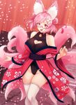  1girl :d absurdres animal_ear_fluff animal_ears bare_shoulders blurry blurry_background breasts cherry_blossoms cleavage cleavage_cutout clothing_cutout commentary_request commission double_bun elysia_watanabe flower fox_ears fox_girl fox_tail glasses hair_flower hair_ornament highres japanese_clothes jeppu_art kimono large_breasts multiple_tails original petals pink_hair red_eyes sash second-party_source smile solo tail thighhighs white_legwear wide_sleeves 